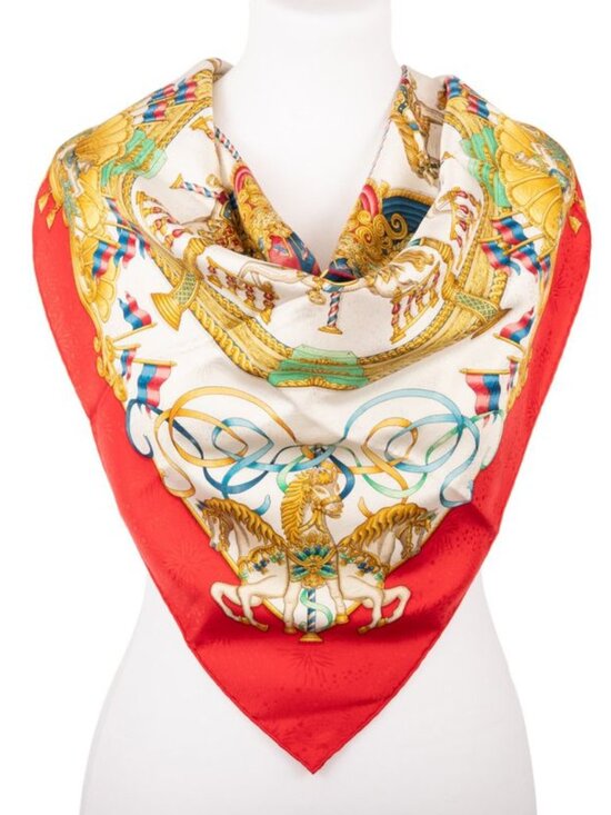 Hermes Scarf Red White Gold 100% Jacquard Silk